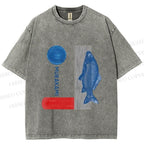 Unisex Japanese Fish And Book Printed Washed Tee