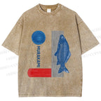 Unisex Japanese Fish And Book Printed Washed Tee