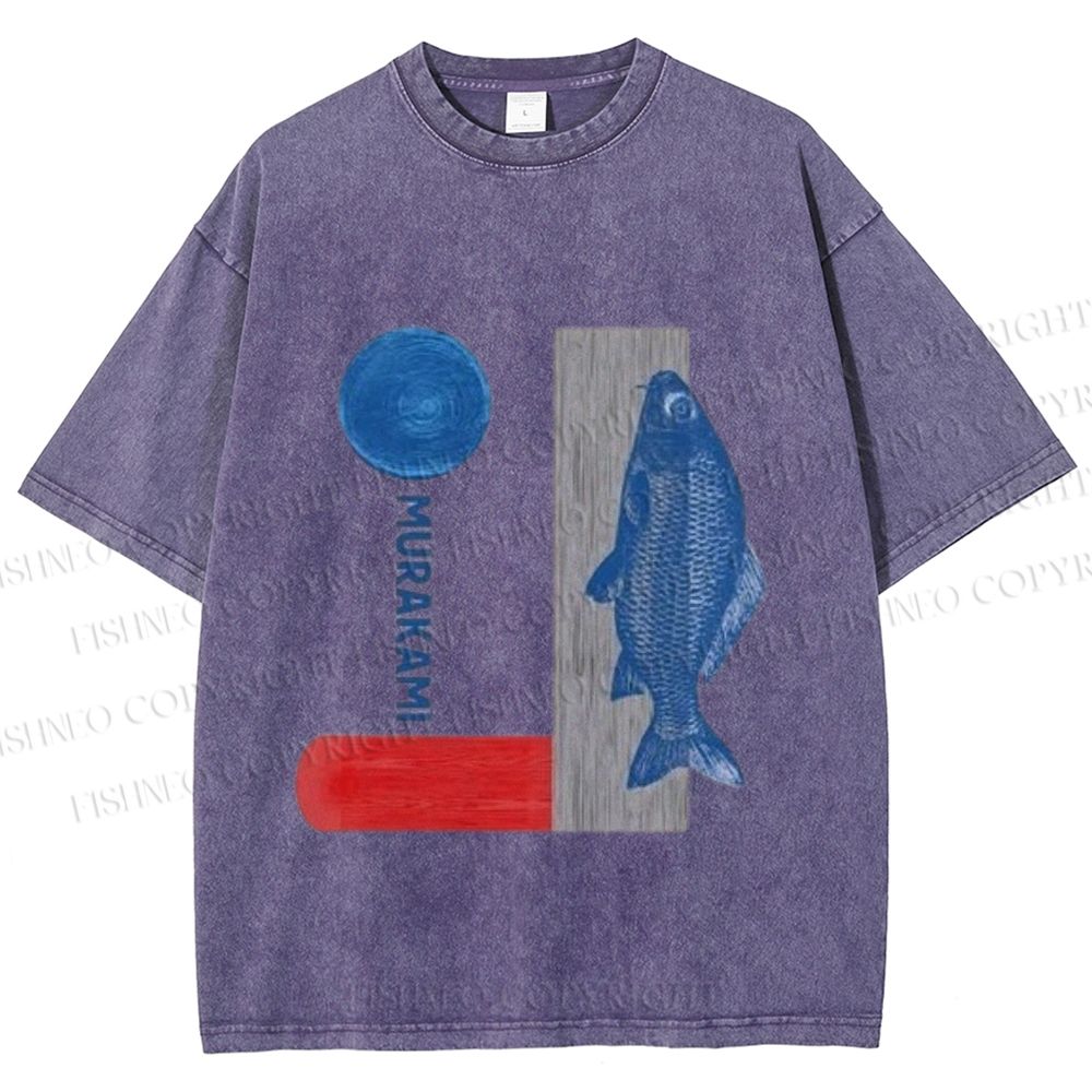 Unisex Japanese Fish And Book Printed Washed Tee