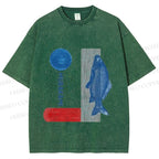 Unisex Japanese Fish And Book Printed Washed Tee