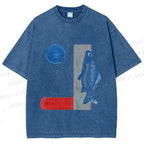 Unisex Japanese Fish And Book Printed Washed Tee