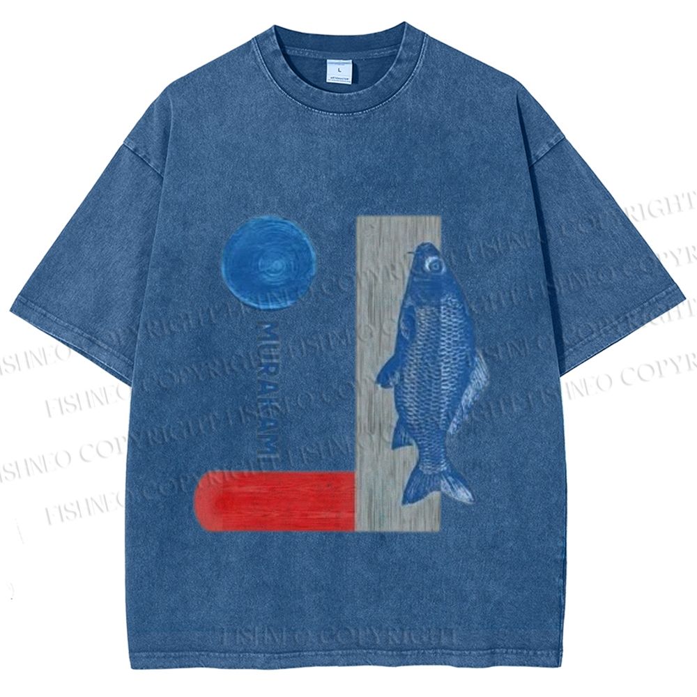 Unisex Japanese Fish And Book Printed Washed Tee