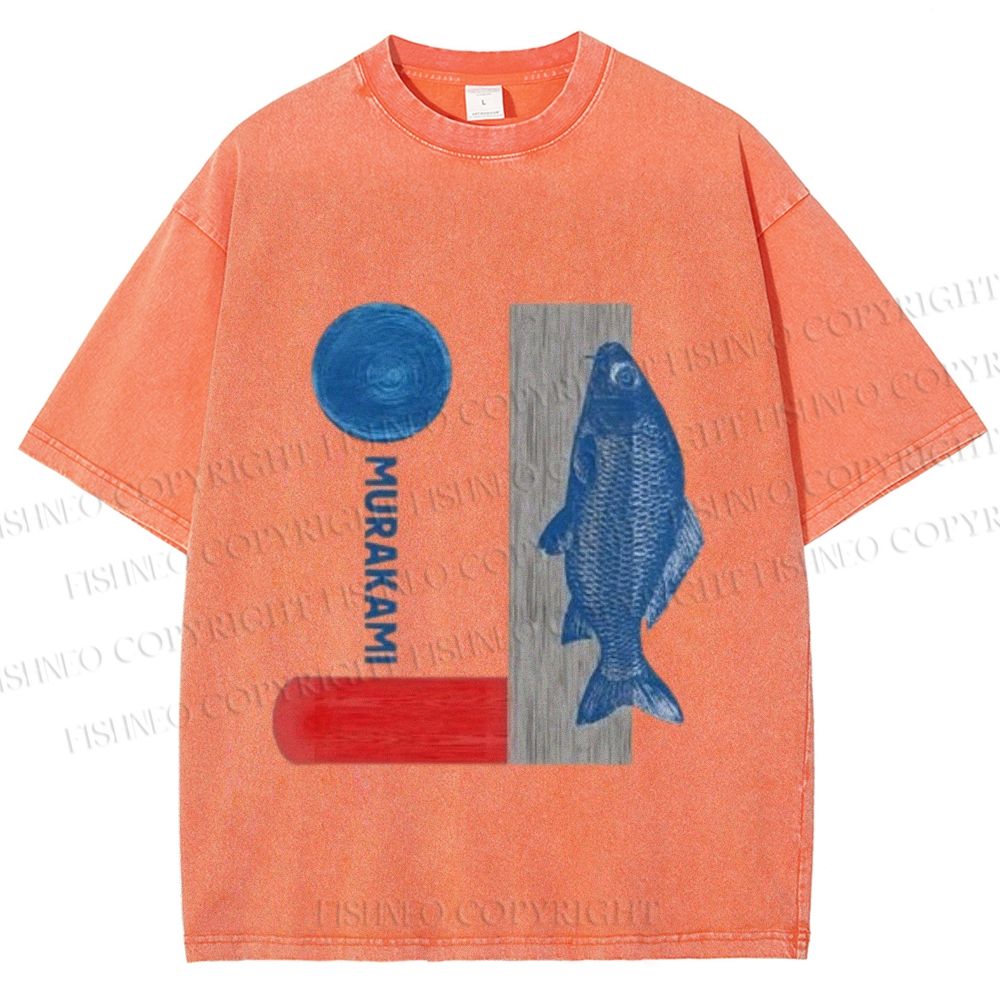 Unisex Japanese Fish And Book Printed Washed Tee