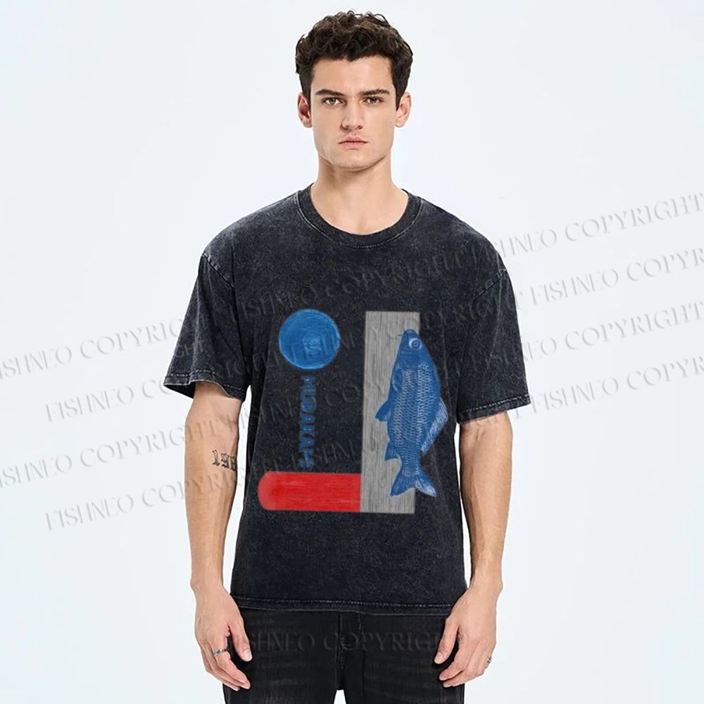 Unisex Japanese Fish And Book Printed Washed Tee