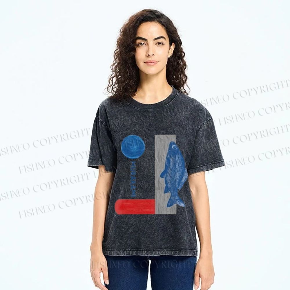 Unisex Japanese Fish And Book Printed Washed Tee