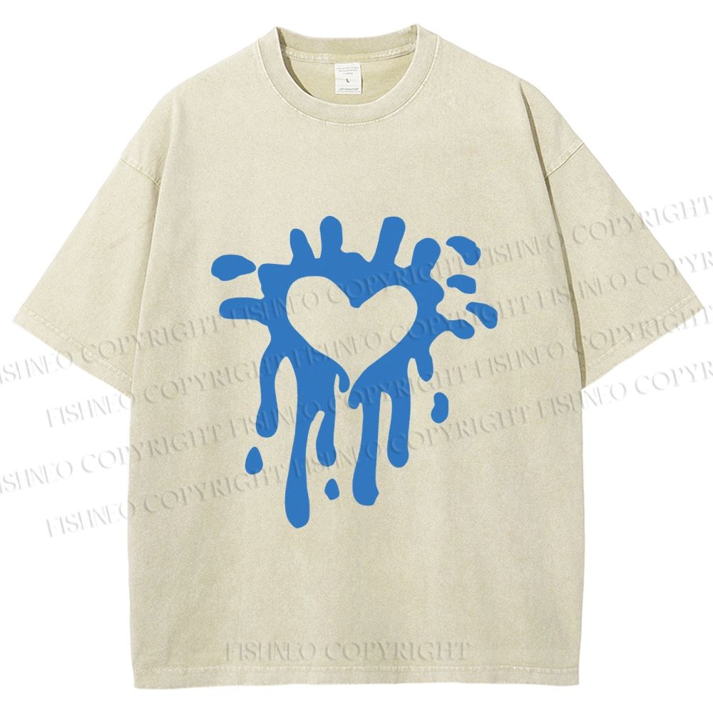 Unisex Blue Heart Graffiti Printed Washed Tee