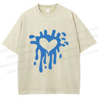 Unisex Blue Heart Graffiti Printed Washed Tee