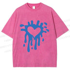 Unisex Blue Heart Graffiti Printed Washed Tee