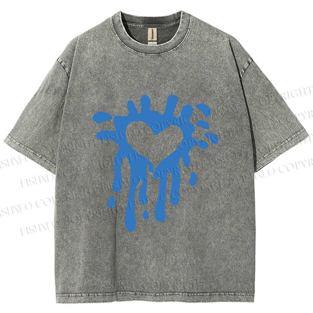 Unisex Blue Heart Graffiti Printed Washed Tee