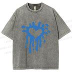 Unisex Blue Heart Graffiti Printed Washed Tee