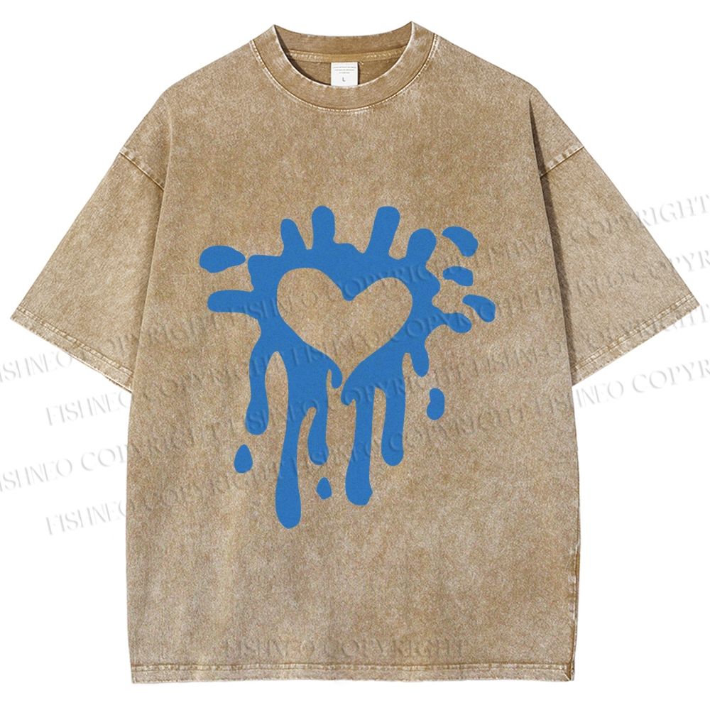 Unisex Blue Heart Graffiti Printed Washed Tee