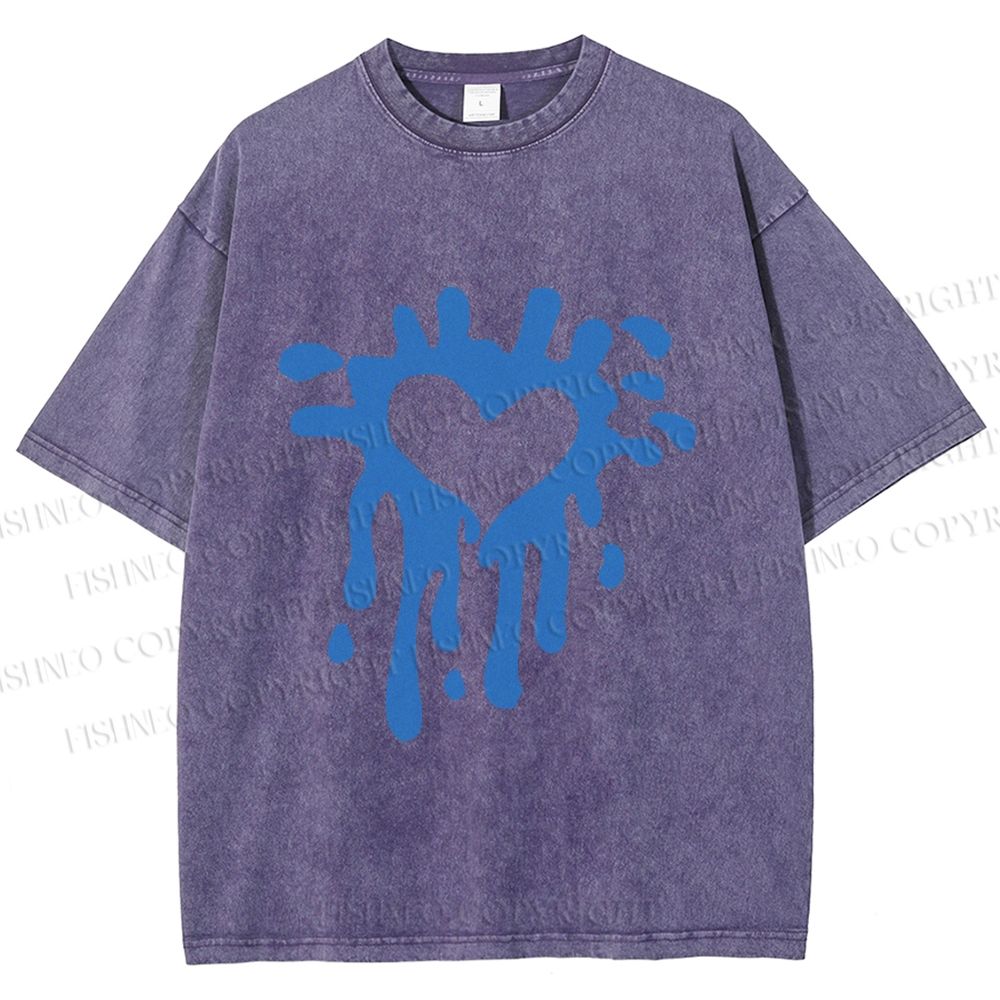 Unisex Blue Heart Graffiti Printed Washed Tee