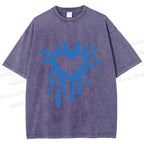 Unisex Blue Heart Graffiti Printed Washed Tee