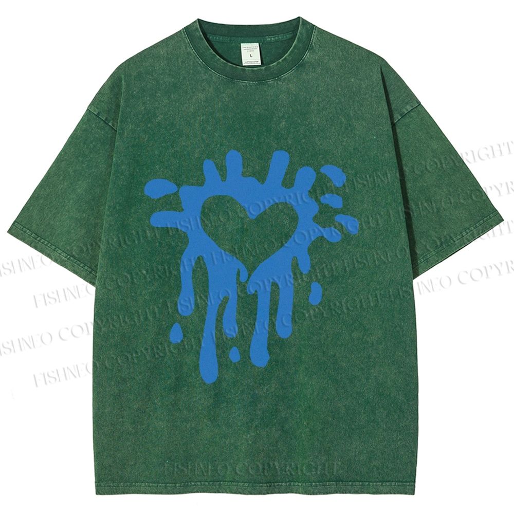 Unisex Blue Heart Graffiti Printed Washed Tee