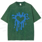 Unisex Blue Heart Graffiti Printed Washed Tee