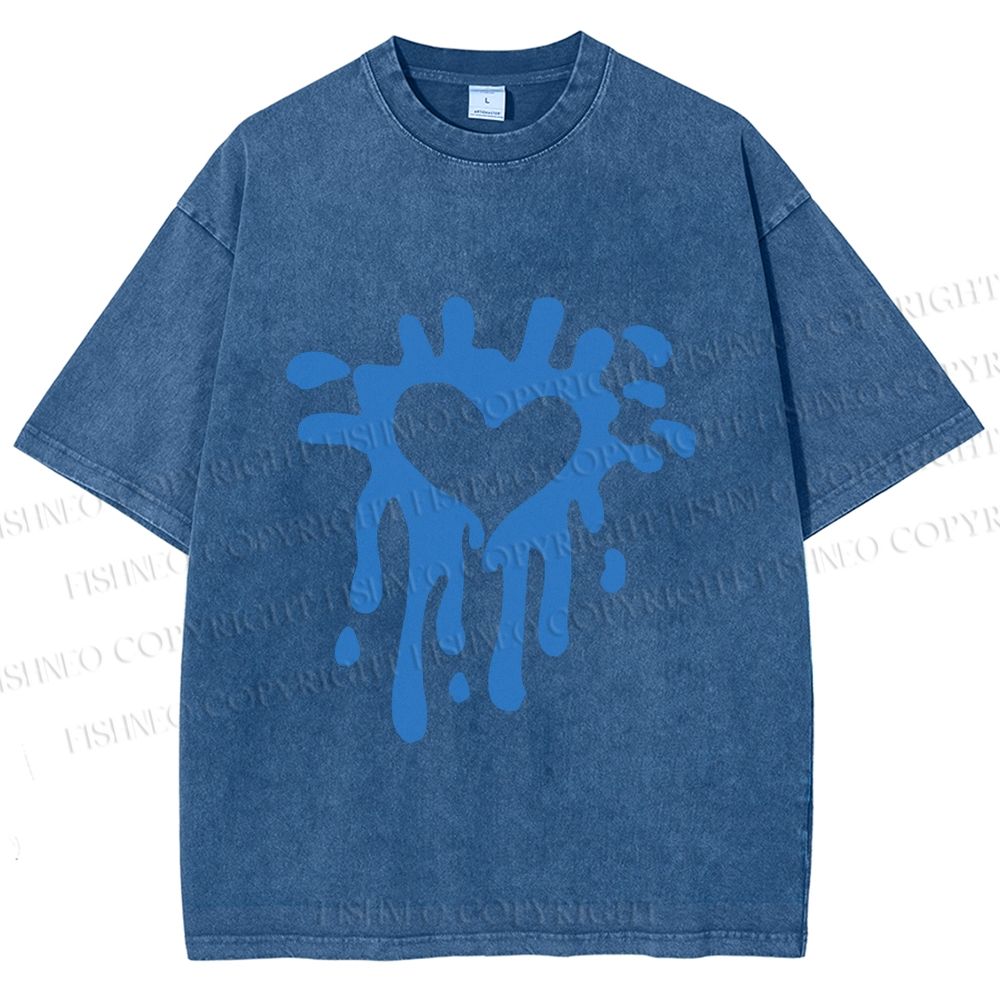 Unisex Blue Heart Graffiti Printed Washed Tee