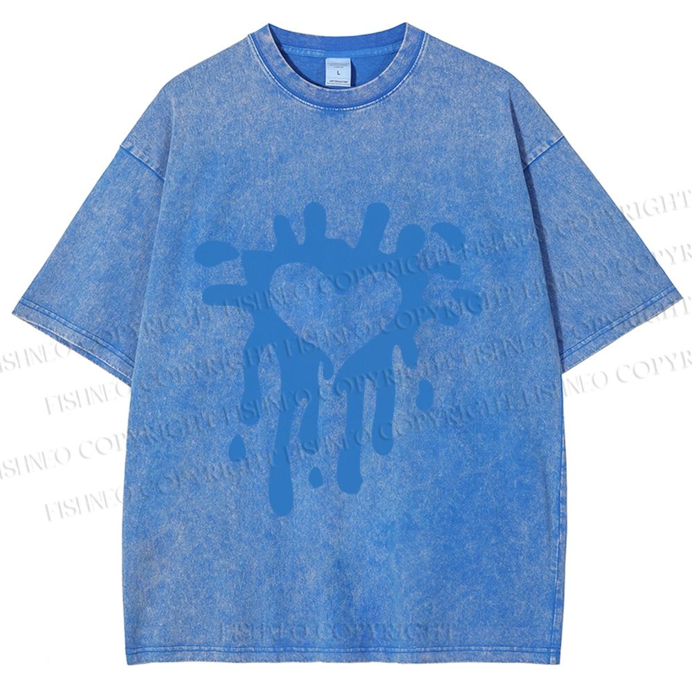 Unisex Blue Heart Graffiti Printed Washed Tee