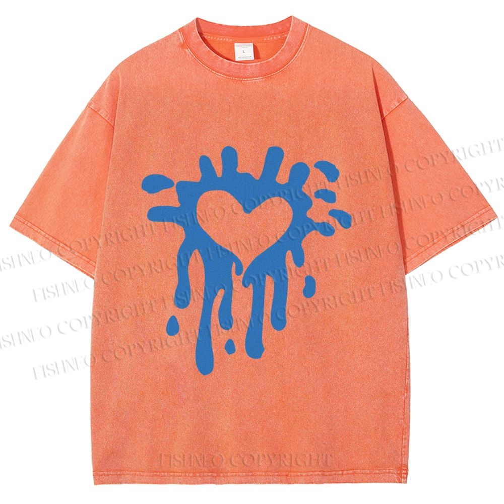 Unisex Blue Heart Graffiti Printed Washed Tee