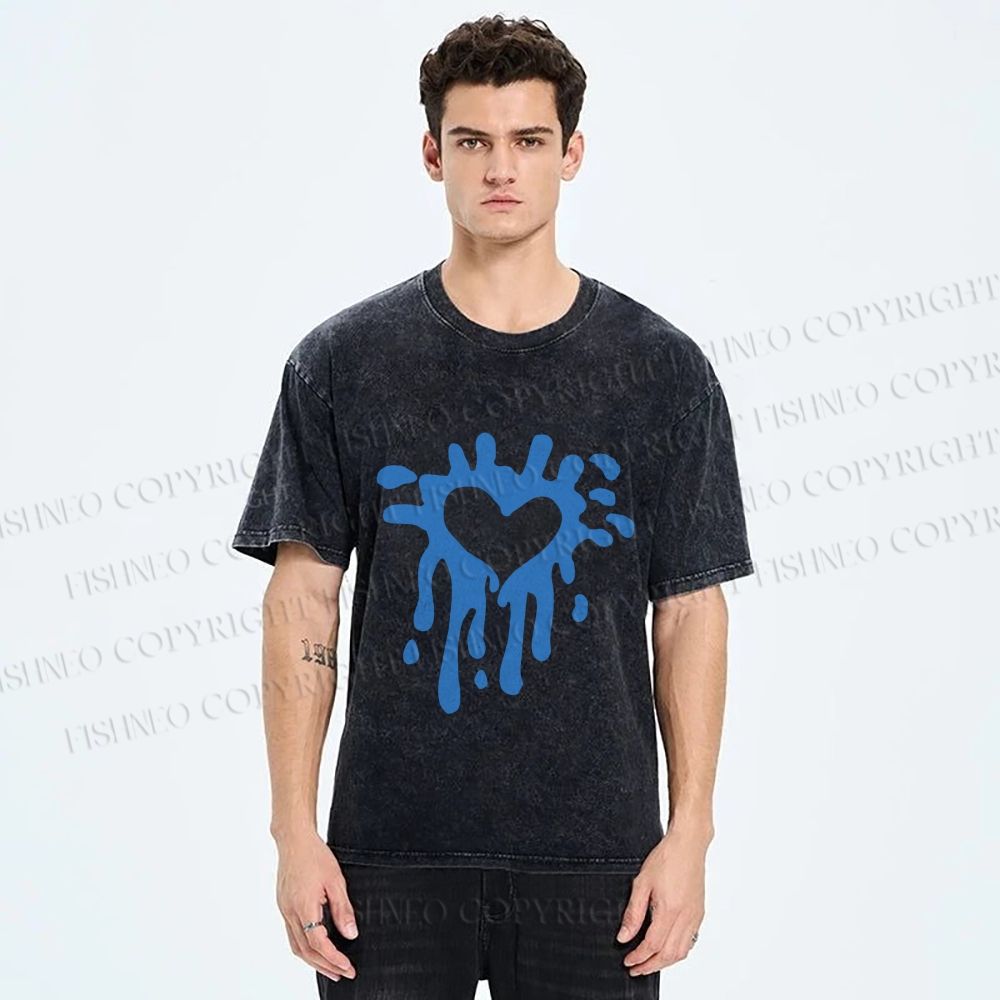 Unisex Blue Heart Graffiti Printed Washed Tee