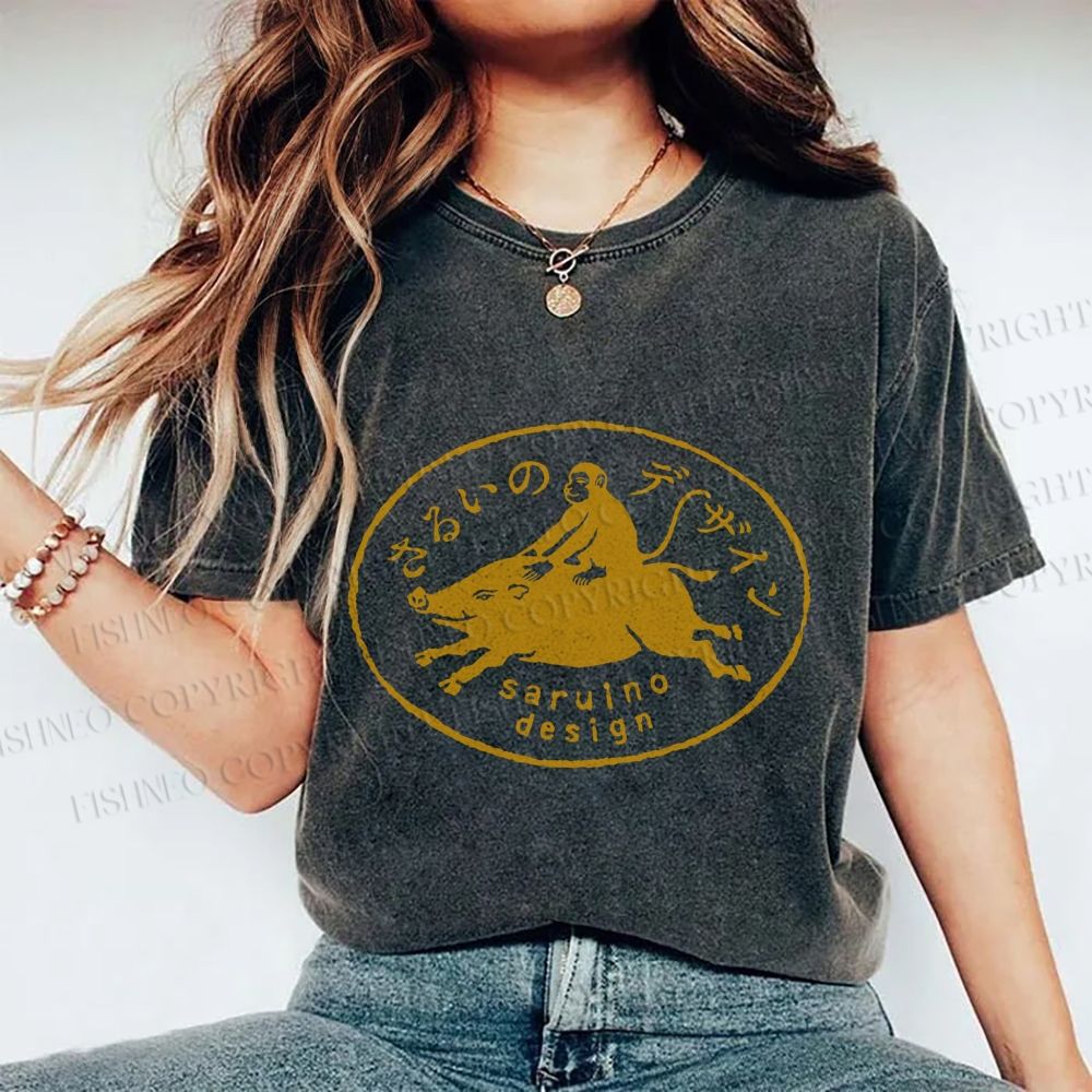 Unisex Vintage Japanese Monkey Pig Printed Washed Tee