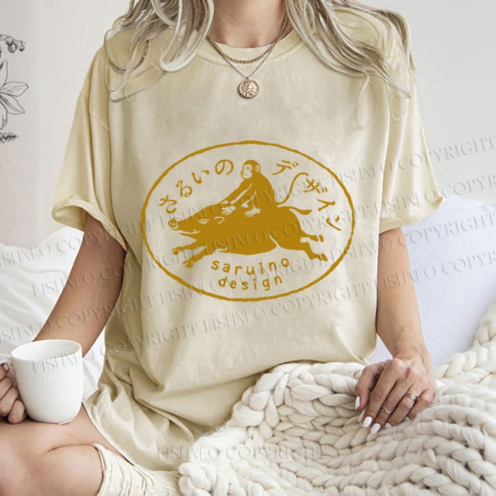 Unisex Vintage Japanese Monkey Pig Printed Washed Tee