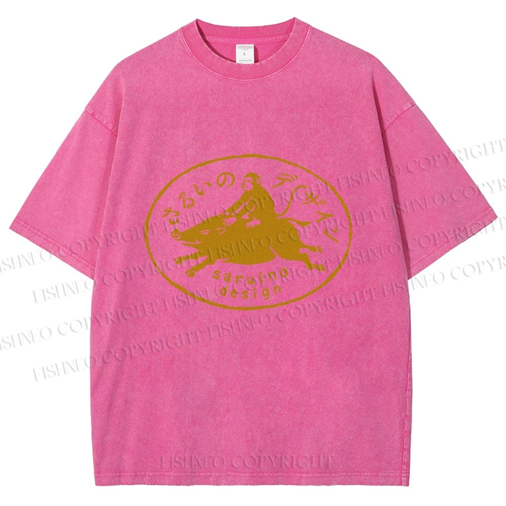Unisex Vintage Japanese Monkey Pig Printed Washed Tee