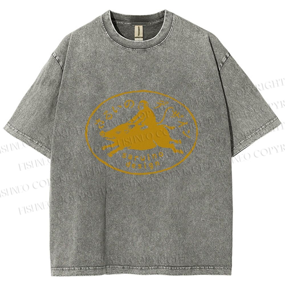 Unisex Vintage Japanese Monkey Pig Printed Washed Tee