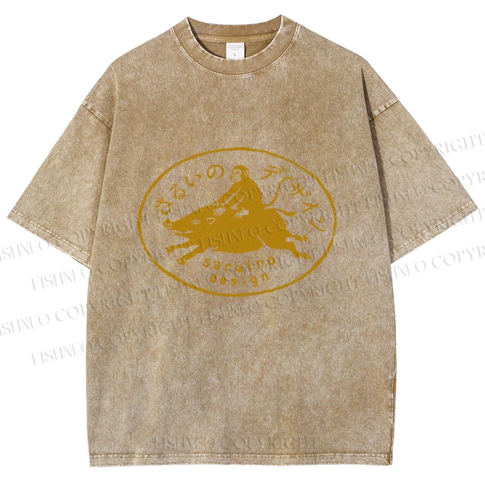 Unisex Vintage Japanese Monkey Pig Printed Washed Tee