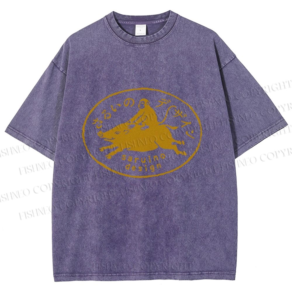 Unisex Vintage Japanese Monkey Pig Printed Washed Tee
