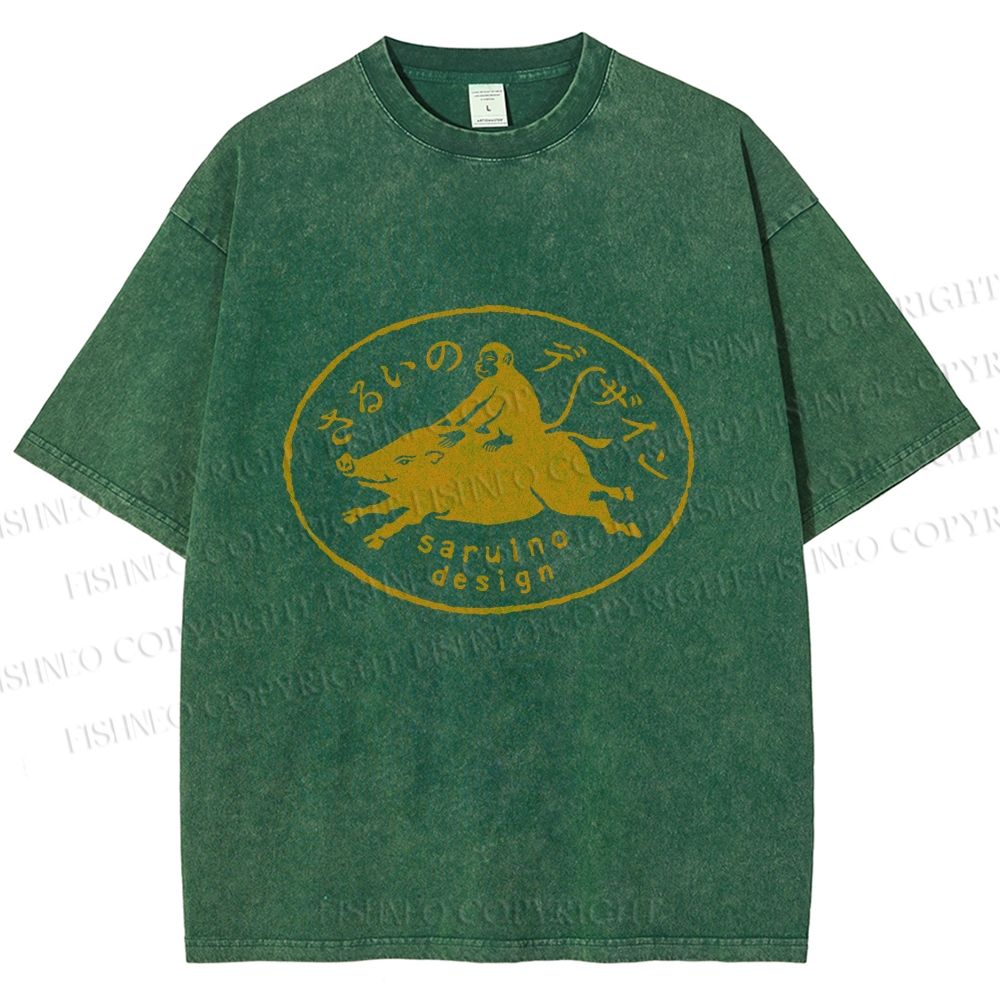 Unisex Vintage Japanese Monkey Pig Printed Washed Tee