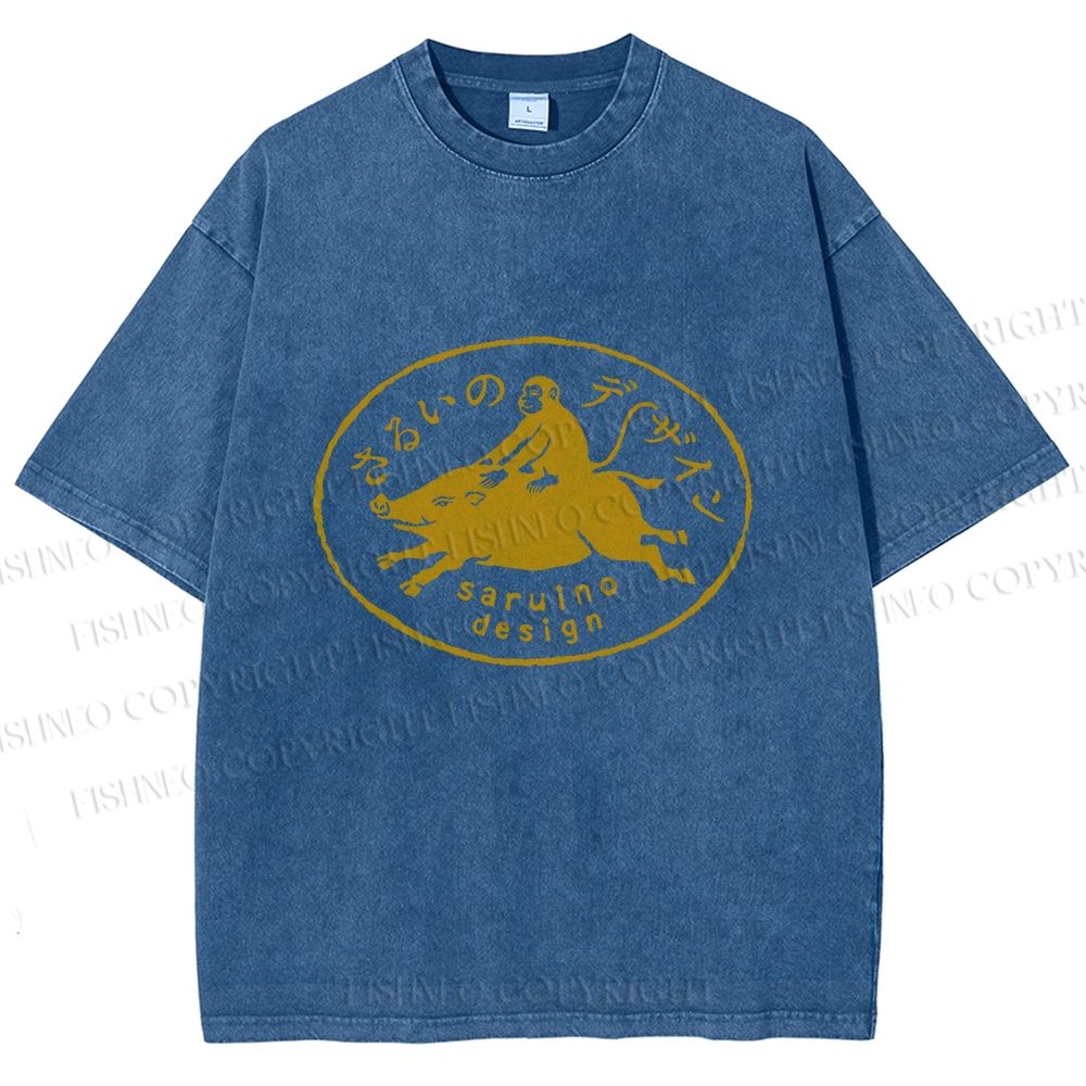 Unisex Vintage Japanese Monkey Pig Printed Washed Tee