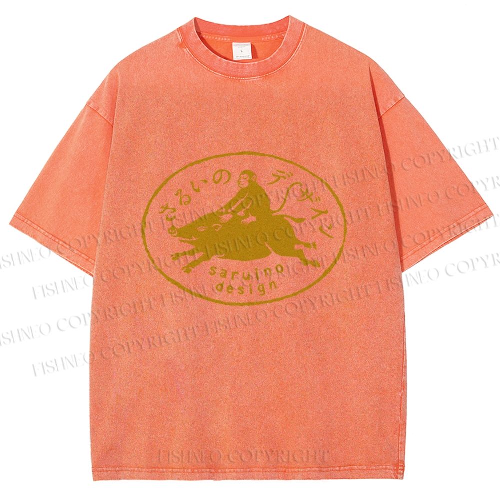 Unisex Vintage Japanese Monkey Pig Printed Washed Tee