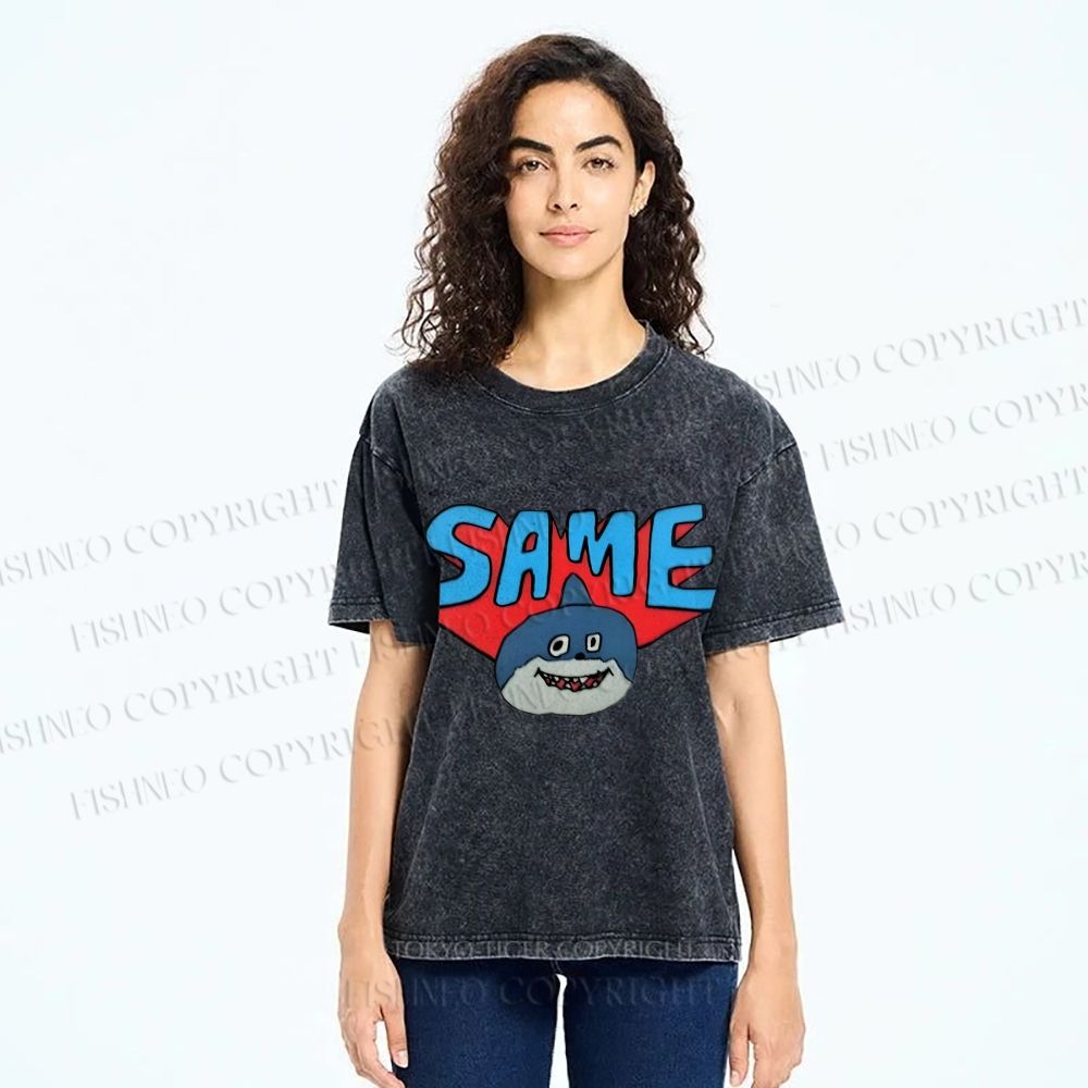 Unisex Same Silly Shark Printed Washed Tee