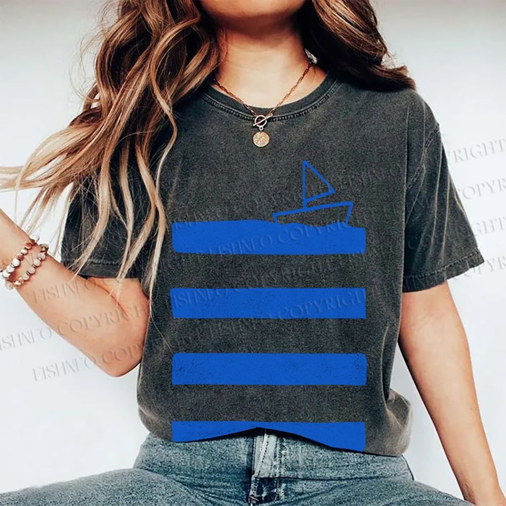 Unisex Boat On Sea Wave Printed Washed Tee