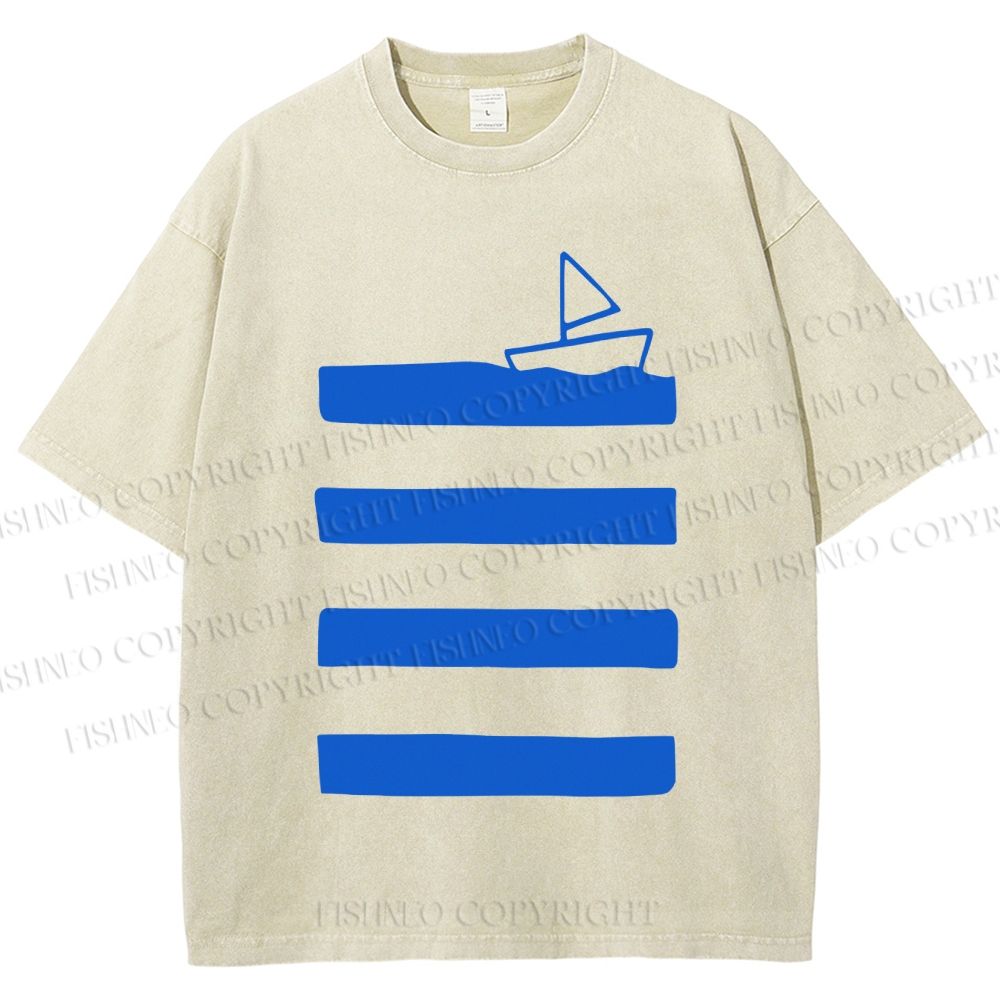 Unisex Boat On Sea Wave Printed Washed Tee