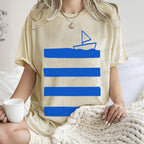 Unisex Boat On Sea Wave Printed Washed Tee