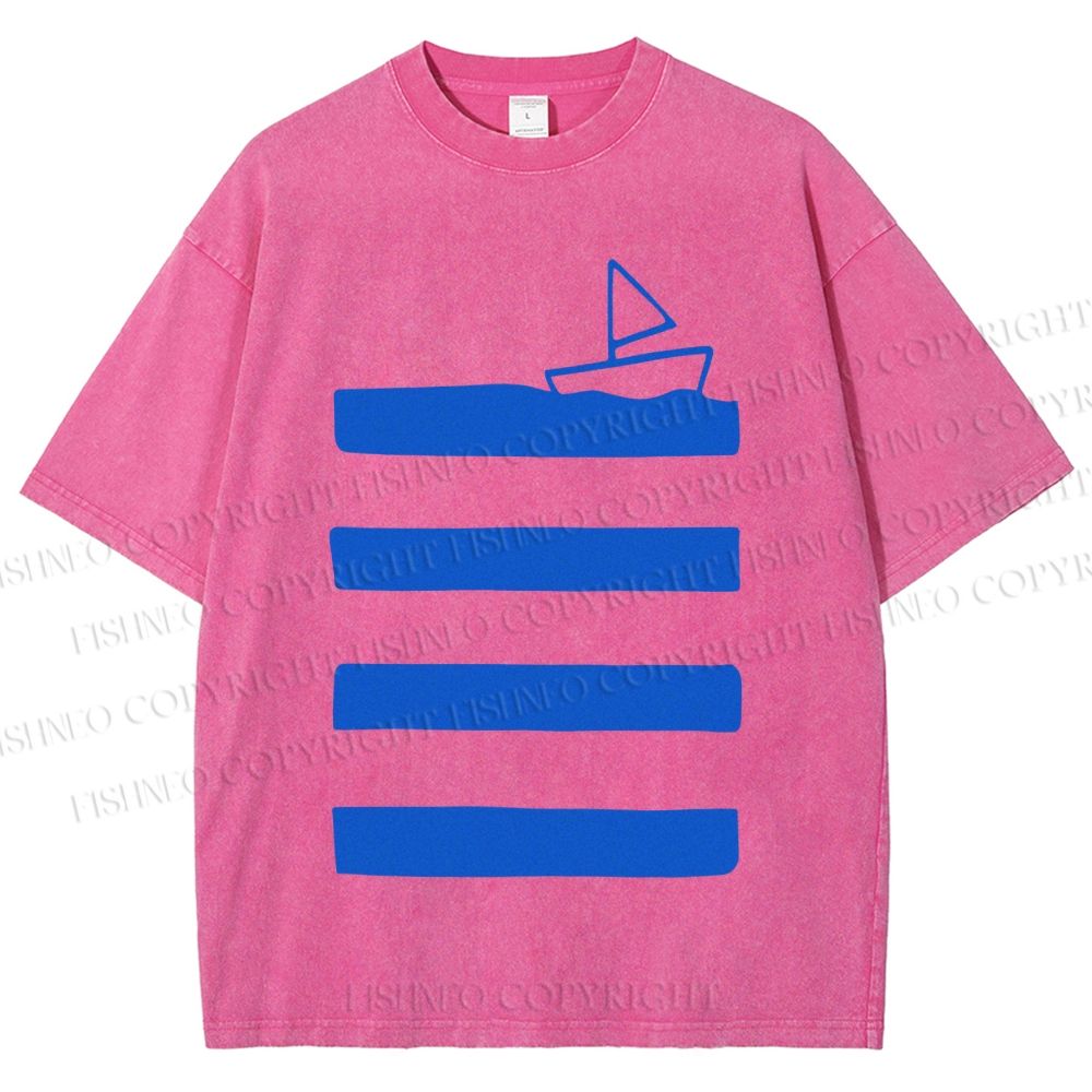 Unisex Boat On Sea Wave Printed Washed Tee