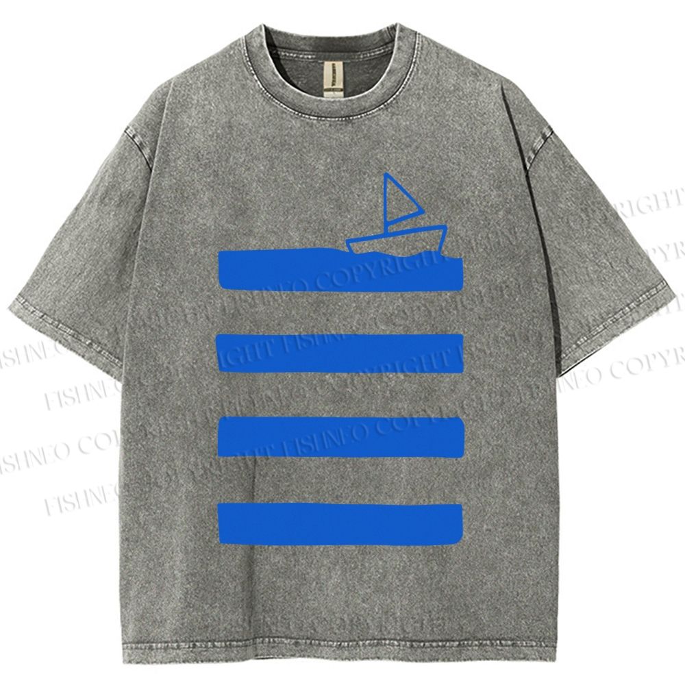 Unisex Boat On Sea Wave Printed Washed Tee