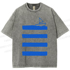 Unisex Boat On Sea Wave Printed Washed Tee