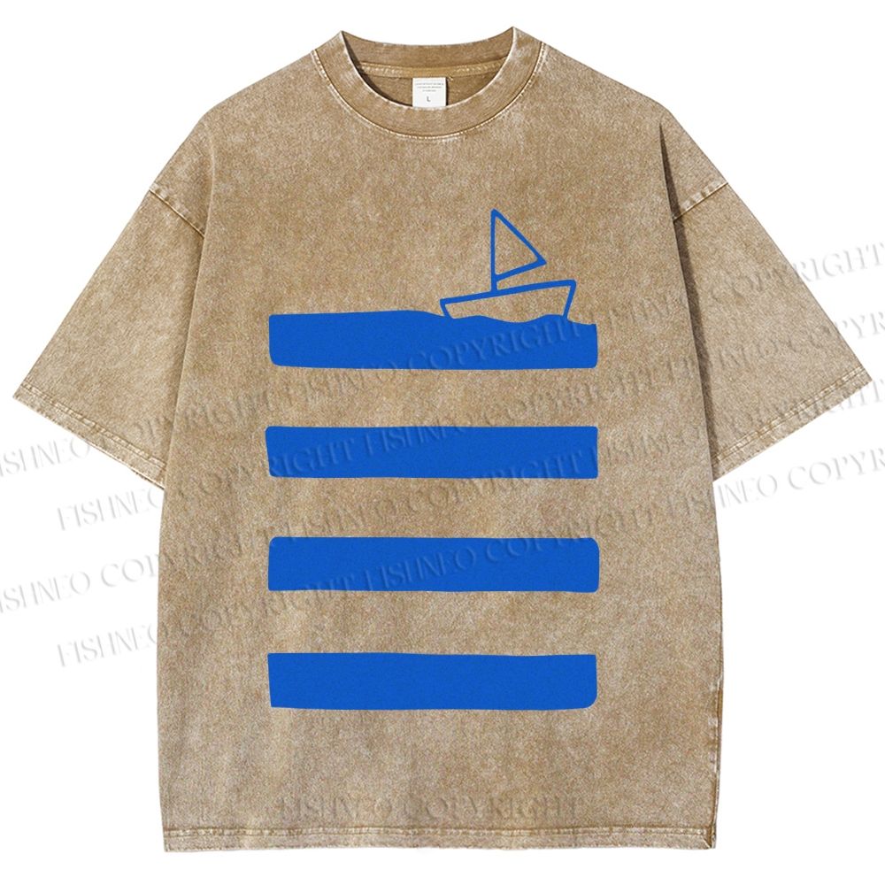 Unisex Boat On Sea Wave Printed Washed Tee