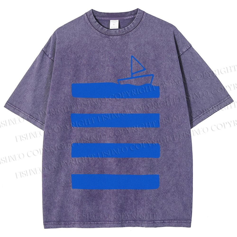 Unisex Boat On Sea Wave Printed Washed Tee