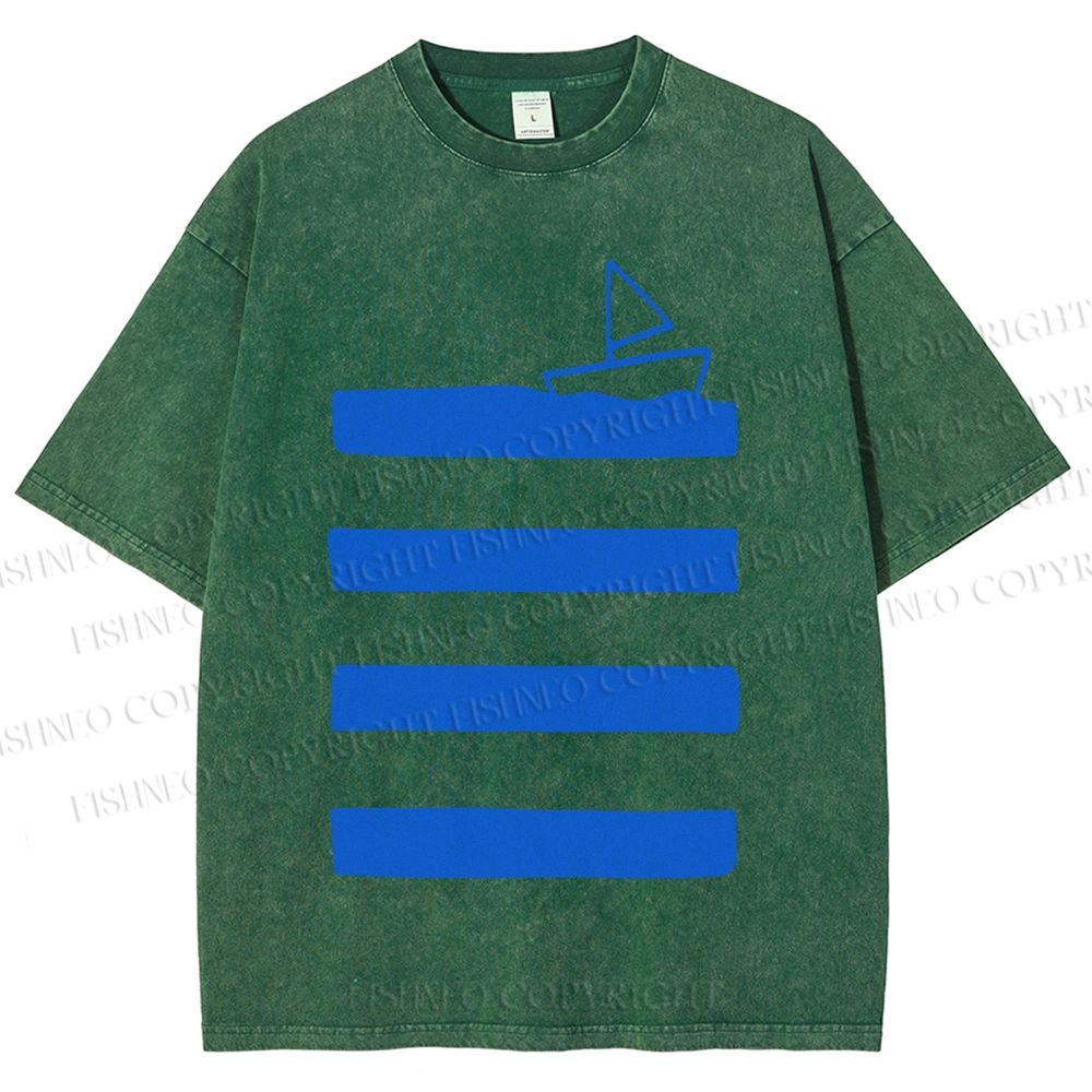 Unisex Boat On Sea Wave Printed Washed Tee