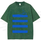 Unisex Boat On Sea Wave Printed Washed Tee