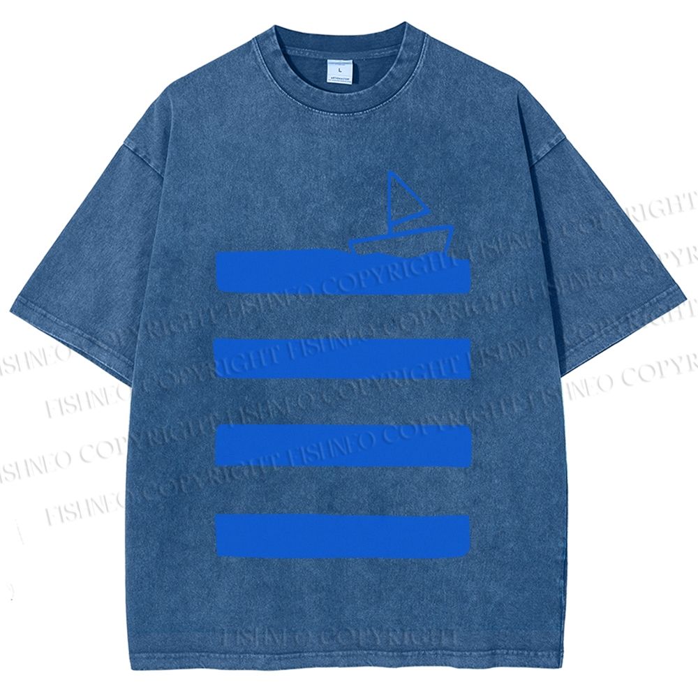 Unisex Boat On Sea Wave Printed Washed Tee