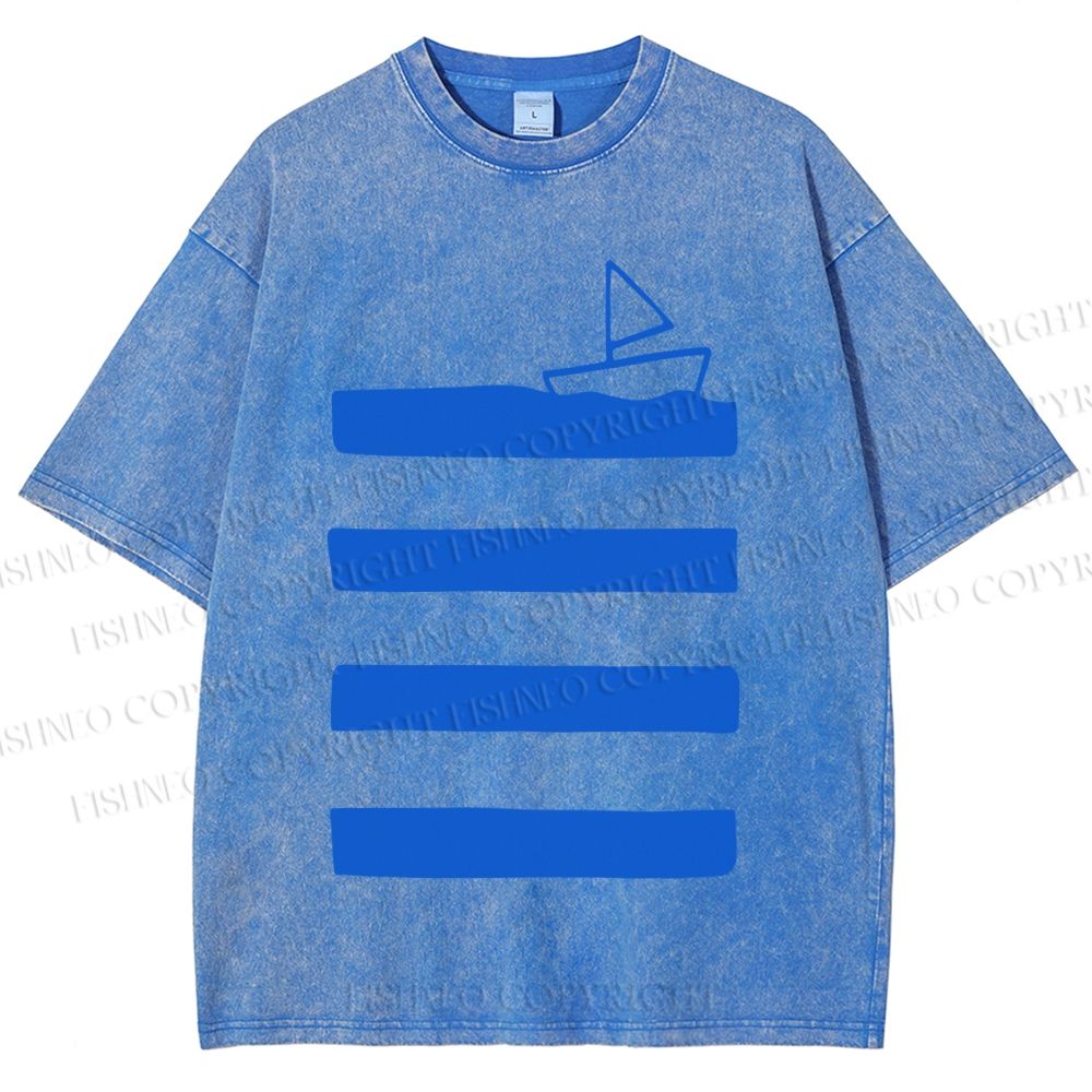 Unisex Boat On Sea Wave Printed Washed Tee