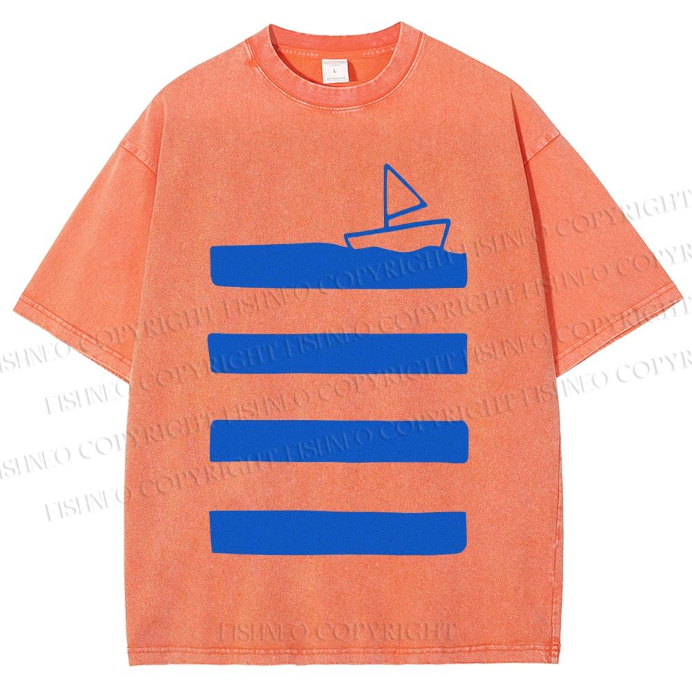 Unisex Boat On Sea Wave Printed Washed Tee