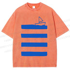Unisex Boat On Sea Wave Printed Washed Tee