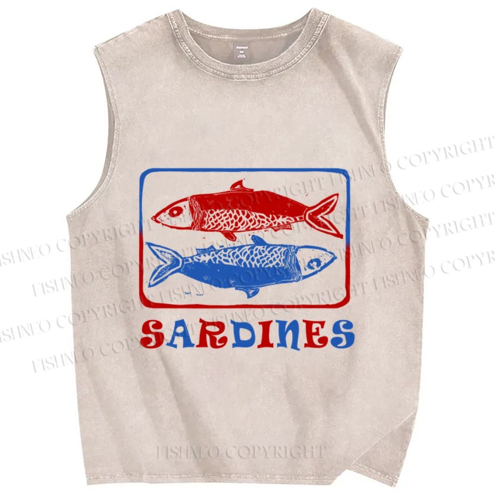 Unisex Vintage Sardines Fish Printed Washed Tank Top
