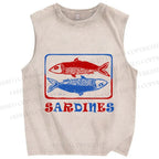 Unisex Vintage Sardines Fish Printed Washed Tank Top