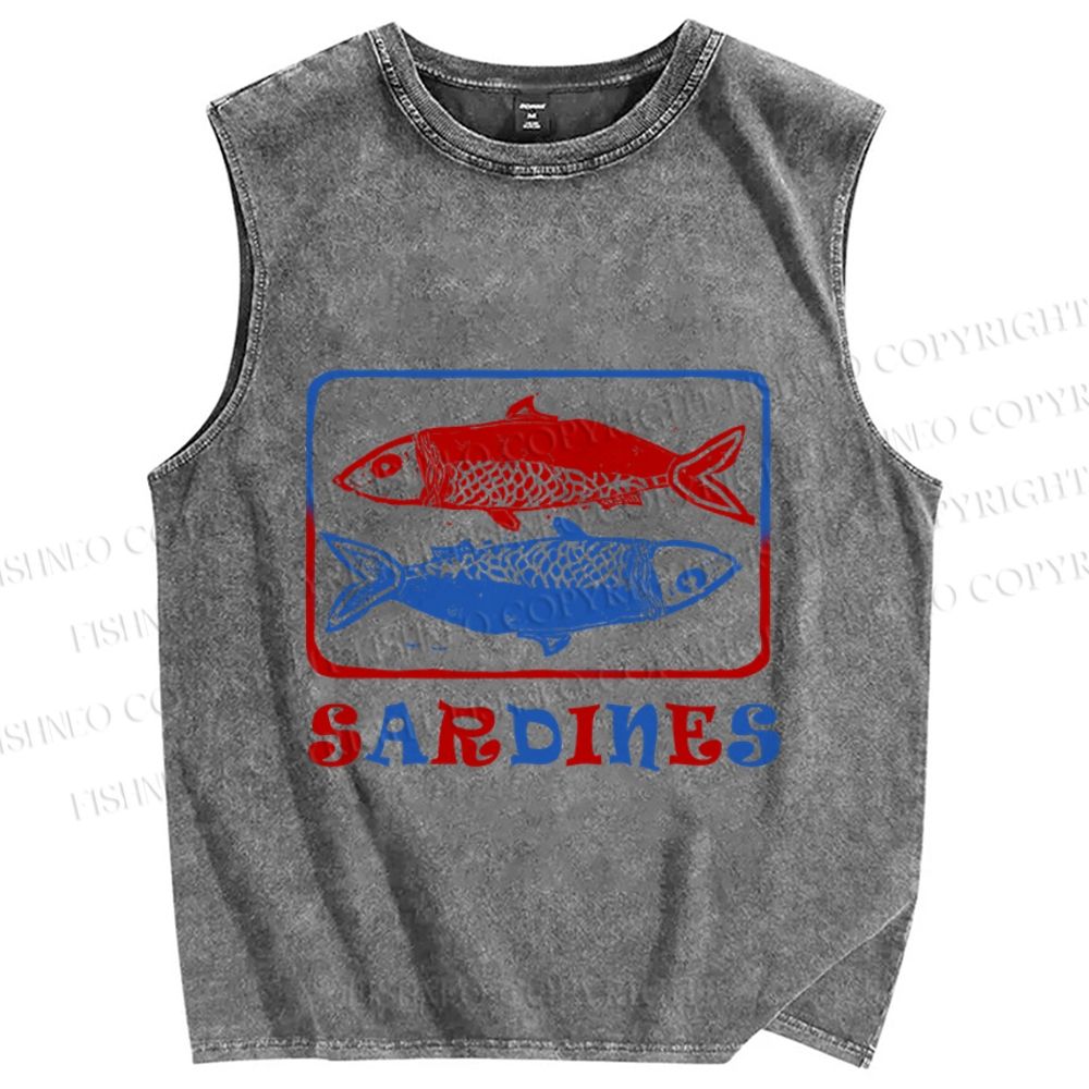 Unisex Vintage Sardines Fish Printed Washed Tank Top